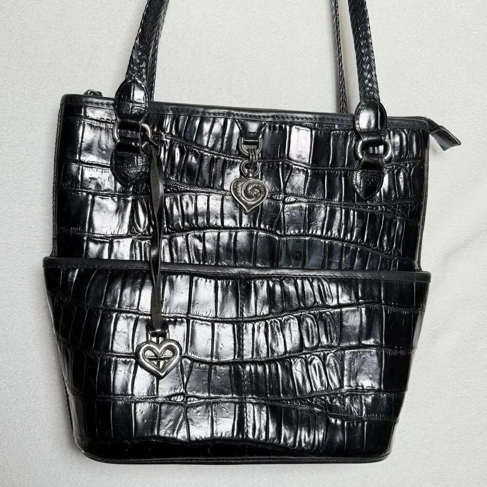 Brighton Black Faux Croc Embossed Shoulder Bag Vintage Plaid Lining Heart Charms